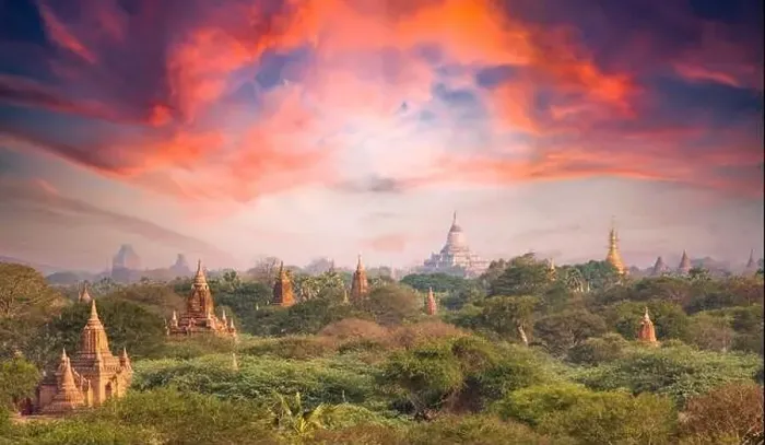 Framed Print : View from above, stunning aerial view of the Bagan Archaeological Zone during a beautiful sunset Framed Print : View from above, stunning aerial view of the Bagan Archaeological Zone during a beautiful sunset