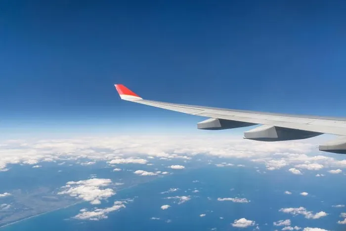 Framed Print : View from airplane window with blue sky and white clouds Framed Print : View from airplane window with blue sky and white clouds