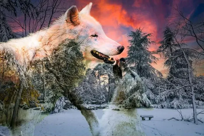 Framed Print : view of an arctic wolf and its cub in a beautiful winter setting Framed Print : view of an arctic wolf and its cub in a beautiful winter setting