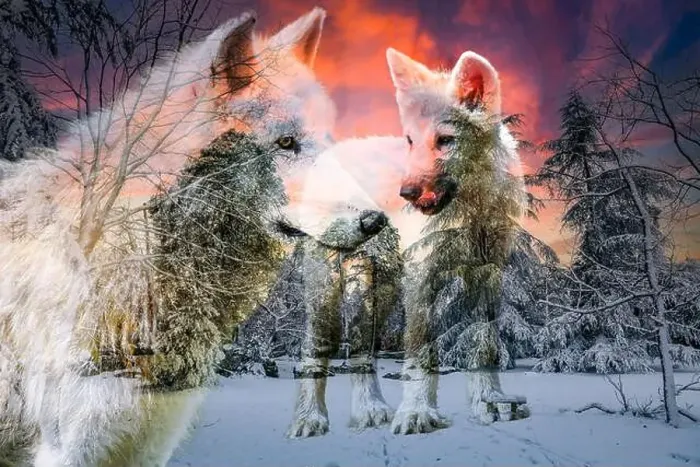 Framed Print : view of an arctic wolf and its cub in a beautiful winter setting Framed Print : view of an arctic wolf and its cub in a beautiful winter setting