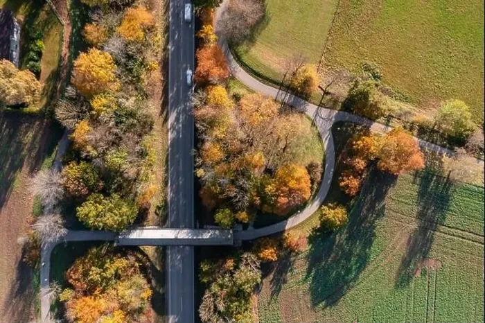Framed Print : Top down view at a autumnal landscape with a rural street Framed Print : Top down view at a autumnal landscape with a rural street