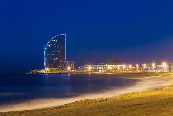 Framed Print : View of Barcelona Beach in summer night along seaside in Barcelona, Spain. Mediterranean Sea in Spain Framed Print : View of Barcelona Beach in summer night along seaside in Barcelona, Spain. Mediterranean Sea in Spain