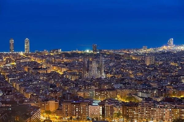 Top view of Barcelona city skyline during evening in Barcelona, Catalonia, Spain