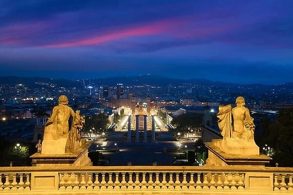 View of Barcelona, Spain. Plaza de Espana at evening with twilight sky in Barcelona, Spain