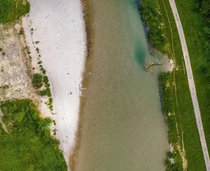 Framed Print : Top view at the bavarian river Isar with a white sandbank Framed Print : Top view at the bavarian river Isar with a white sandbank