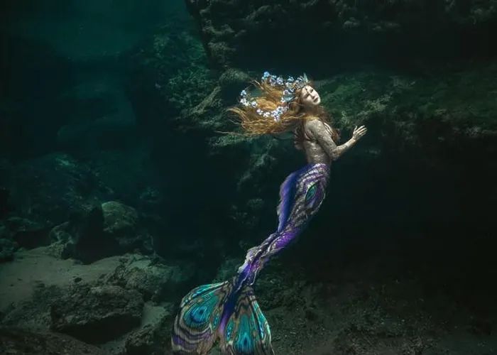 Framed Print : Side view of a beautiful mid adult woman with a butterfly pattern mermaid tail swimming along the ocean floor Framed Print : Side view of a beautiful mid adult woman with a butterfly pattern mermaid tail swimming along the ocean floor