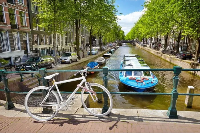 Framed Print : View at bicycle and canal - Amsterdam, Holland, Netherlands