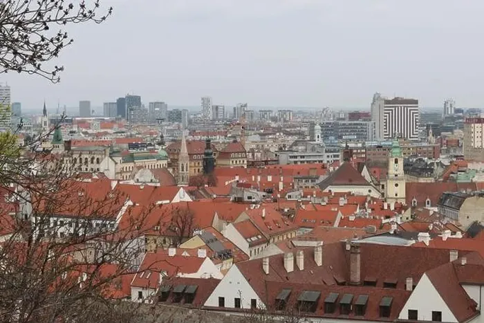 Framed Print : View of Bratislava from the Old Town. Red roofed houses from above. Spring in Europe Framed Print : View of Bratislava from the Old Town. Red roofed houses from above. Spring in Europe