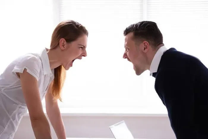 Framed Print : Side View Of Two Businesspeople Shouting At Each Other In Office Framed Print : Side View Of Two Businesspeople Shouting At Each Other In Office