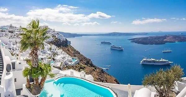 View of caldera and swimming pool, typical white architecture, romantic village on Santorini island, Greece. Summer vacation, cruise ships, sea view