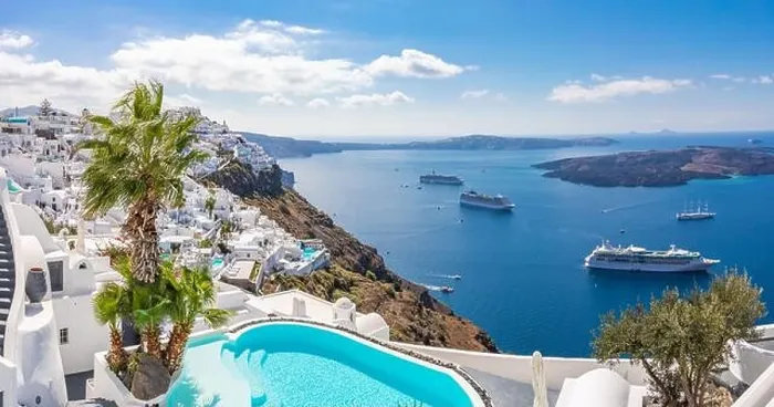 Framed Print : View of caldera and swimming pool, typical white architecture, romantic village on Santorini island, Greece. Summer vacation, cruise ships, sea view Framed Print : View of caldera and swimming pool, typical white architecture, romantic village on Santorini island, Greece. Summer vacation, cruise ships, sea view