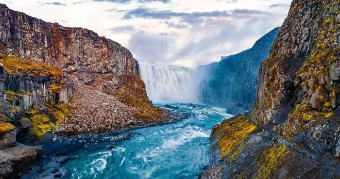 Framed Print : View from down of canyon of most powerful waterfall in Europe - Dettifoss Framed Print : View from down of canyon of most powerful waterfall in Europe - Dettifoss