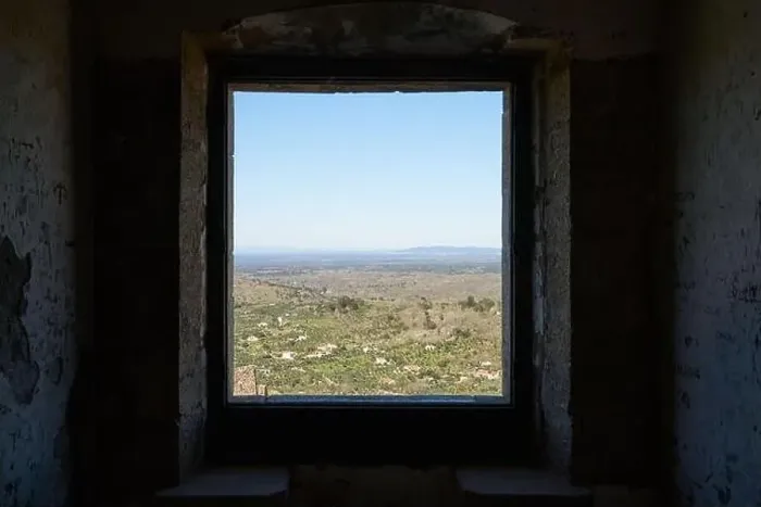 Framed Print : View of Castelo de Video Serra de Sao Mamede mountains landscape through the window of the castle, in Portugal Framed Print : View of Castelo de Video Serra de Sao Mamede mountains landscape through the window of the castle, in Portugal