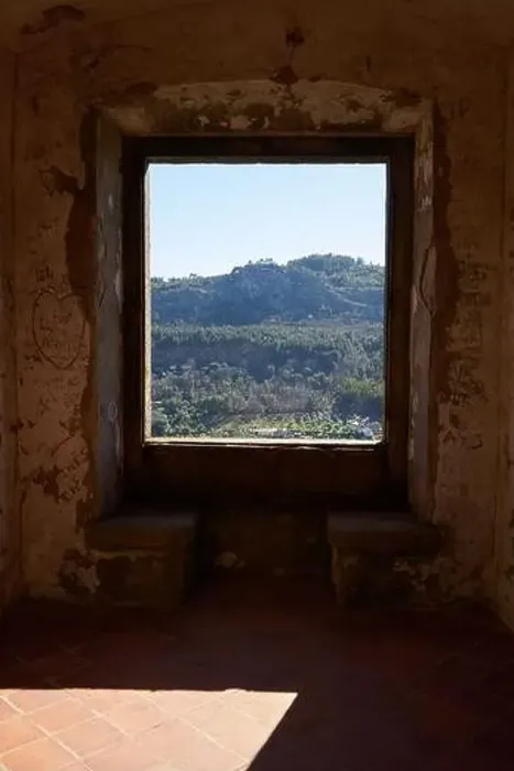 Framed Print : View of Castelo de Video Serra de Sao Mamede mountains landscape through the window of the castle, in Portugal Framed Print : View of Castelo de Video Serra de Sao Mamede mountains landscape through the window of the castle, in Portugal