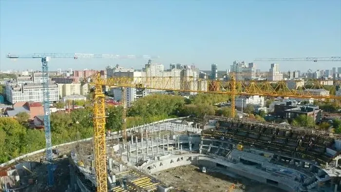 Framed Print : Top view of construction of sports arena with cranes Framed Print : Top view of construction of sports arena with cranes