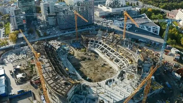 Framed Print : Top view of construction of sports arena with cranes Framed Print : Top view of construction of sports arena with cranes