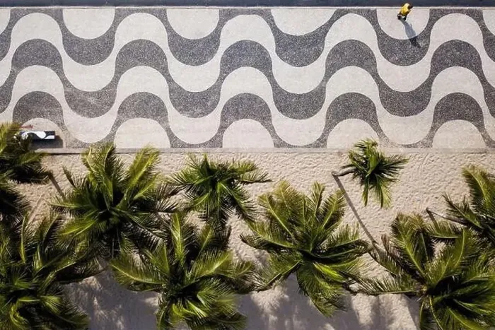 Framed Print : Top View of Copacabana Mosaic Sidewalk and Palm Trees at the Beach in Rio de Janeiro, Brazil Framed Print : Top View of Copacabana Mosaic Sidewalk and Palm Trees at the Beach in Rio de Janeiro, Brazil