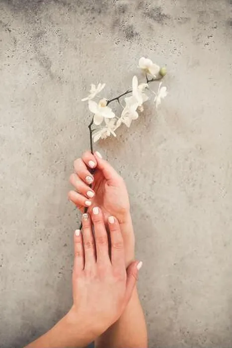 Framed Print : Top view of crop unrecognizable female with blooming flower demonstrating stylish neat manicure on concrete background Framed Print : Top view of crop unrecognizable female with blooming flower demonstrating stylish neat manicure on concrete background