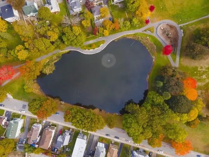 Framed Print : Top view of Crystal Pond in University Park near Clark University in fall with fall foliage in city center of Worcester Framed Print : Top view of Crystal Pond in University Park near Clark University in fall with fall foliage in city center of Worcester