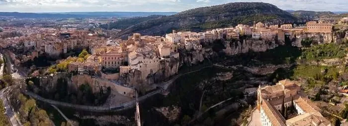 Framed Print : View from drone of Cuenca city on rocks on spring day Framed Print : View from drone of Cuenca city on rocks on spring day