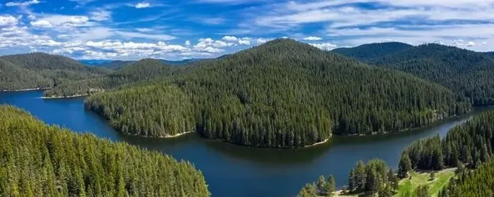Framed Print : View of drone to the mountain lake. Rodopi mountain Bulgaria