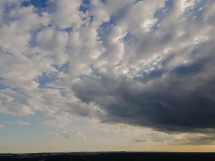Framed Print : View from drone, panorama blue sky and white clouds, sun at sunset