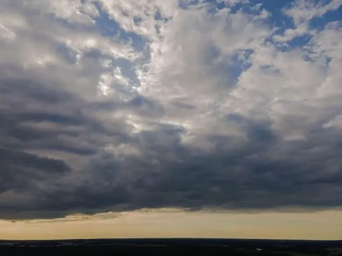 Framed Print : View from drone, panorama blue sky and white clouds, sun at sunset