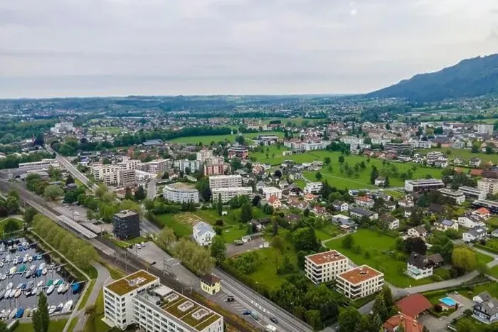 Framed Print : View from a drone to the village Lochau at the Lake Constance, Vorarlberg, Austria Framed Print : View from a drone to the village Lochau at the Lake Constance, Vorarlberg, Austria