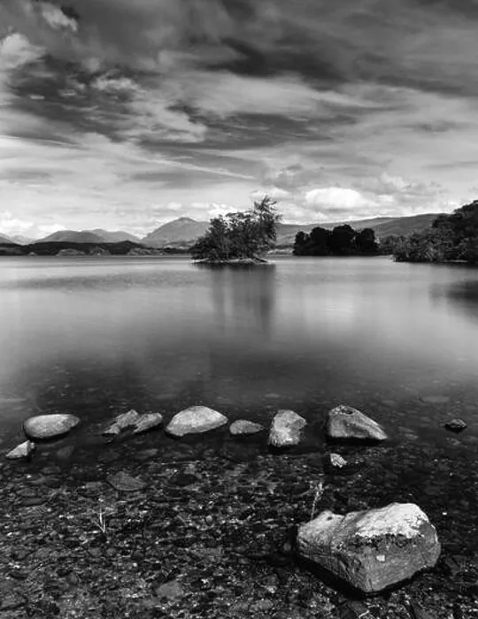 Framed Print : View E of Ardanaiseig crannog, an artificial island situated where River Awe enters NW end of Loch Awe Framed Print : View E of Ardanaiseig crannog, an artificial island situated where River Awe enters NW end of Loch Awe