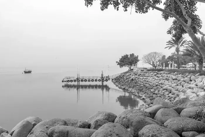 Framed Print : View of the eastern shore of the Sea of Galilee, in Ein Gev, on a foggy day, Northern Israel Framed Print : View of the eastern shore of the Sea of Galilee, in Ein Gev, on a foggy day, Northern Israel