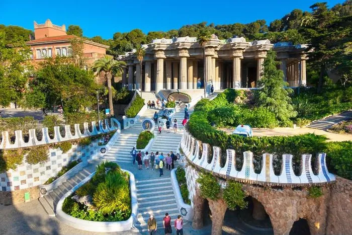 Framed Print : View of Escalinata monumental (Monumental Stairway) and the Hypostyle, Park Güell in Barcelona, Spain Framed Print : View of Escalinata monumental (Monumental Stairway) and the Hypostyle, Park Güell in Barcelona, Spain