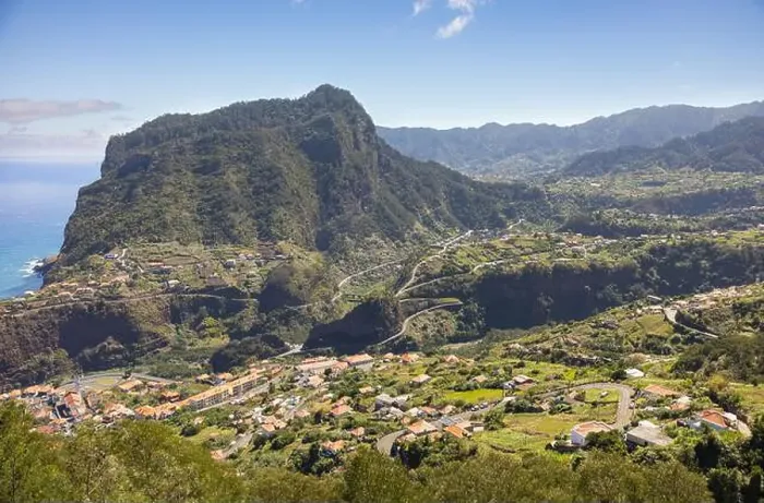Framed Print : View over Faial village with the big cliff Penha de Águia in the background. Machico, Madeira island, Portugal Framed Print : View over Faial village with the big cliff Penha de Águia in the background. Machico, Madeira island, Portugal