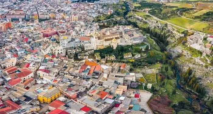 Framed Print : View from flying drone. Aerial morning cityscape of Gravina in Puglia tovn Framed Print : View from flying drone. Aerial morning cityscape of Gravina in Puglia tovn