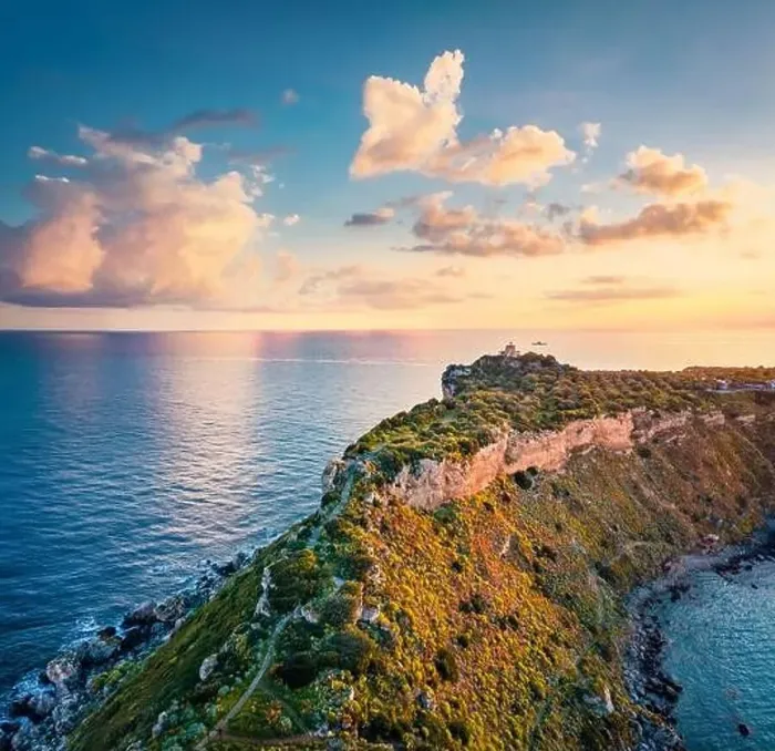 Framed Print : View from flying drone. Aerial spring view of Milazzo lighthouse Framed Print : View from flying drone. Aerial spring view of Milazzo lighthouse