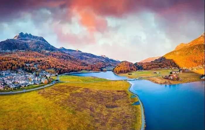 Framed Print : View from flying drone. Amazing autumn scene of Silvaplana village Framed Print : View from flying drone. Amazing autumn scene of Silvaplana village