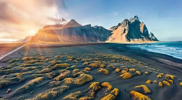 Framed Print : View from flying drone. Amazing autumn sunset on Stokksnes cape with Vestrahorn (Batman Mountain) on background Framed Print : View from flying drone. Amazing autumn sunset on Stokksnes cape with Vestrahorn (Batman Mountain) on background
