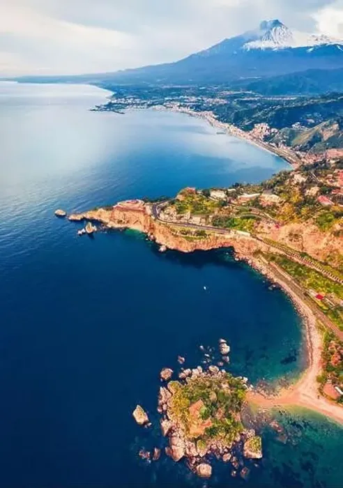 Framed Print : View from flying drone. Amazing morning view of Bella island and Etna volcano on background Framed Print : View from flying drone. Amazing morning view of Bella island and Etna volcano on background