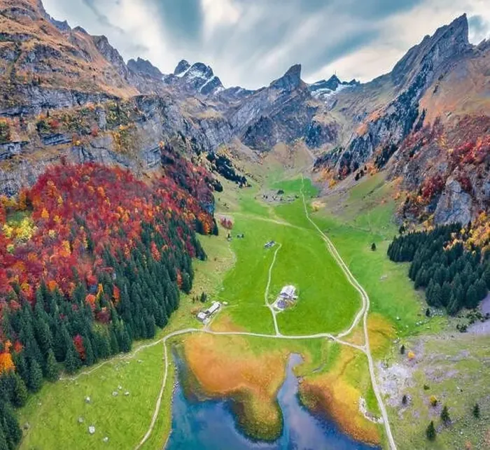 Framed Print : View from flying drone. Amazing morning view of Seealpsee lake Framed Print : View from flying drone. Amazing morning view of Seealpsee lake