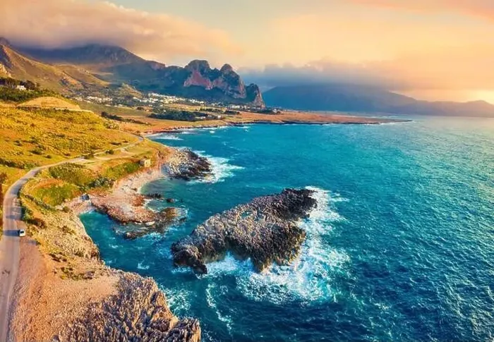Framed Print : View from flying drone. Amazing spring sunset on Sicily Framed Print : View from flying drone. Amazing spring sunset on Sicily