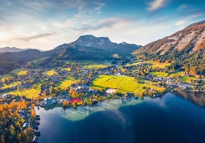 Framed Print : View from flying drone. Awesome autumn scene of Altausseer lake Framed Print : View from flying drone. Awesome autumn scene of Altausseer lake