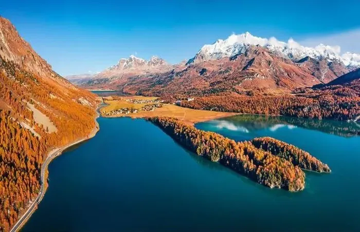 Framed Print : View from flying drone. Awesome autumn view of Sils lake Framed Print : View from flying drone. Awesome autumn view of Sils lake