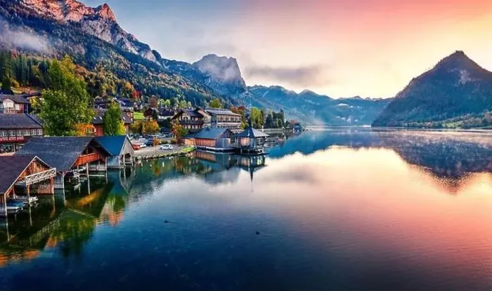 Framed Print : View from flying drone. Awesome sunrise on Grundlsee lake Framed Print : View from flying drone. Awesome sunrise on Grundlsee lake