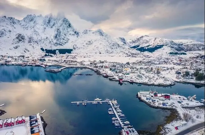 Framed Print : View from flying drone of Ballstad port Framed Print : View from flying drone of Ballstad port