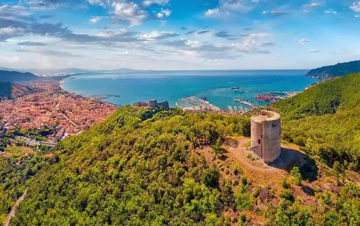 Framed Print : View from flying drone of Bastiglia tower and Arechi Castle Framed Print : View from flying drone of Bastiglia tower and Arechi Castle