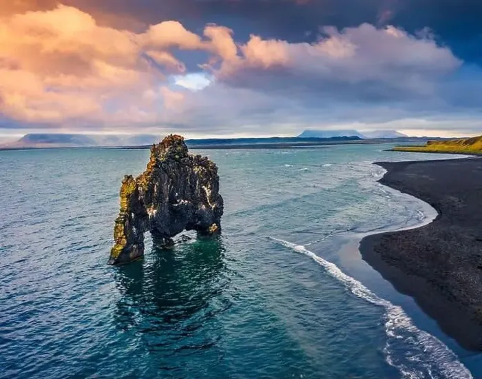 Framed Print : View from flying drone. Beautifulsunset with huge basalt stack - Hvitserkur on background