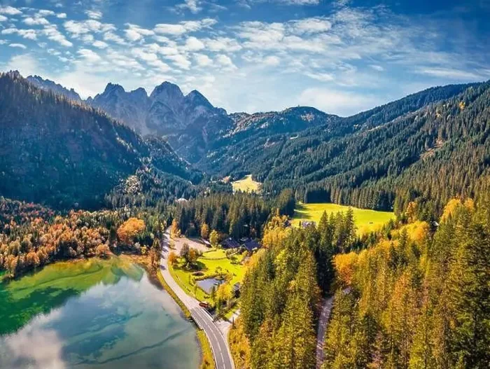 Framed Print : View from flying drone. Breathtaking autumn view of Gosaubach lake Framed Print : View from flying drone. Breathtaking autumn view of Gosaubach lake