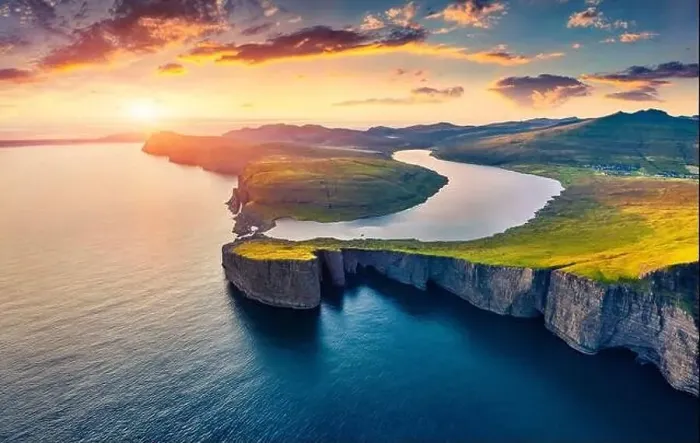 Framed Print : View from flying drone. Breathtaking evening scene of Sorvagsvatn lake