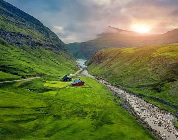 Framed Print : View from flying drone. Breathtaking sunset Saksun village Framed Print : View from flying drone. Breathtaking sunset Saksun village