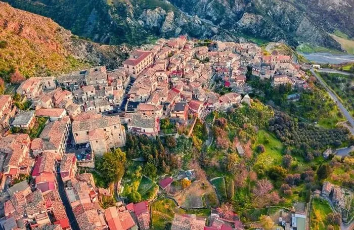 Framed Print : View from flying drone. Bright morning cityscape of Stilo town Framed Print : View from flying drone. Bright morning cityscape of Stilo town