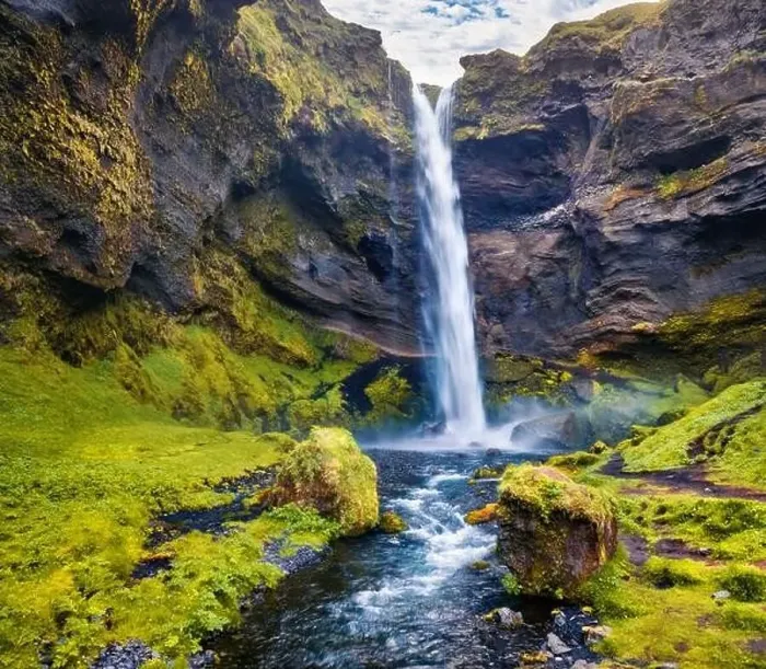 Framed Print : View from flying drone. Captivating morning scene of Kvernufoss watterfall Framed Print : View from flying drone. Captivating morning scene of Kvernufoss watterfall